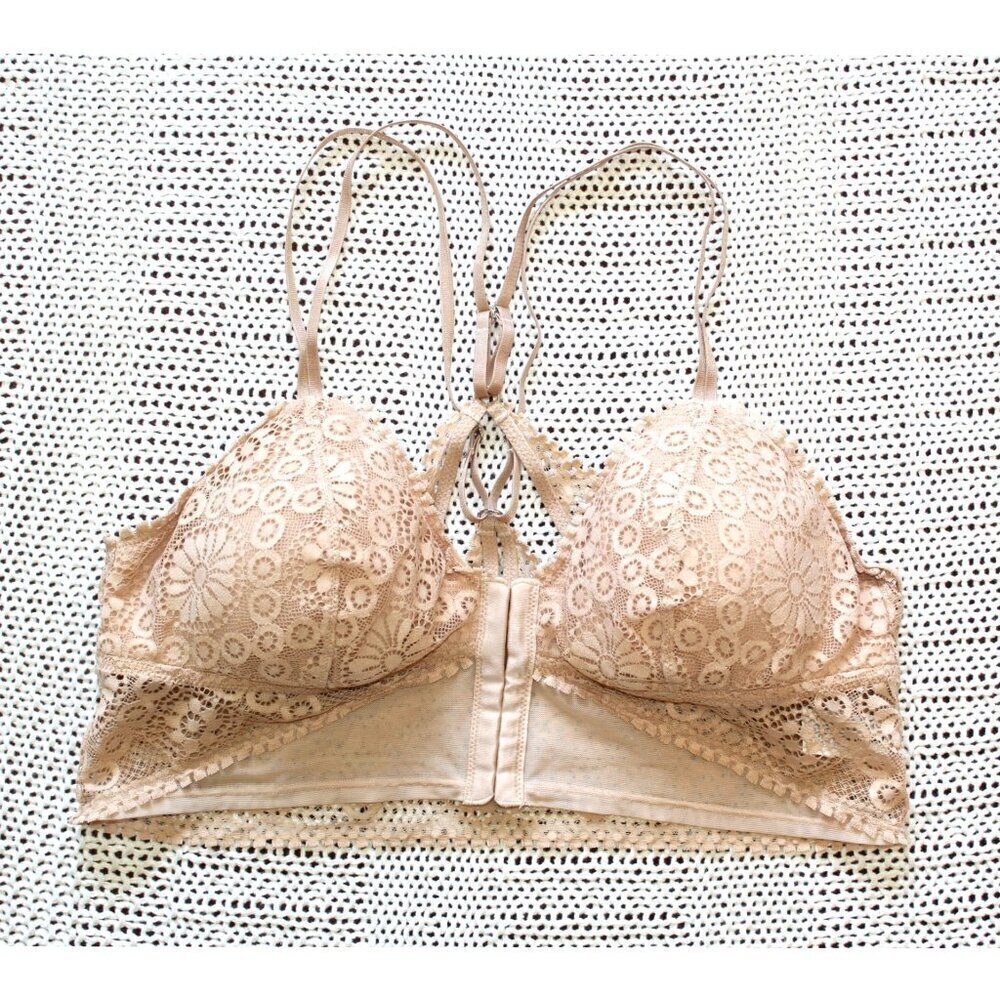 Aerie Floral Lace Bralette Front Closure Beige Size LG Cross back Bra Comfy